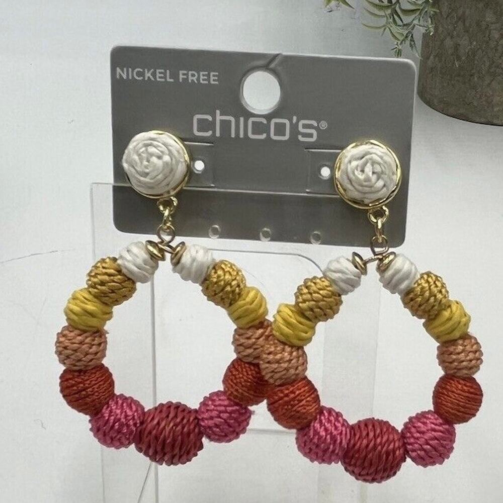 Chicos Sunset‎ Multicolors Wrapped Fabric Drop Hoop Post Earrings New